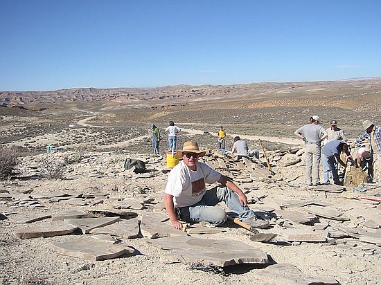 Resting among the fossil slabs is Steve Wagner.