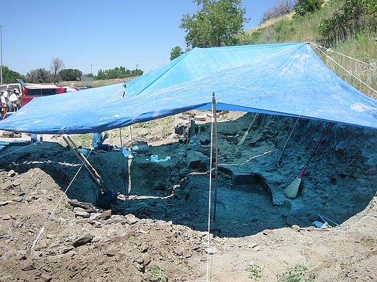 One of our "tent cities" built from multiple tarps.  The sun was unbearable on this day at Castle Rock.  The tarps are both for the fragile fossils and the people excavating them!