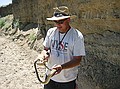 Steve finds another bull snake.  This one had just finished eating bird eggs in the vertical gully slope (to right) - where a bird's nest was clearly visible.