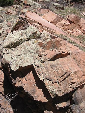 This is the contact between the Fountain & Lyons formations.  The bottom of the Lyons formation is near the top of the picture (thinner, flat cross bedding).  The top of the Fountain is just below it, extending to the base of the image.