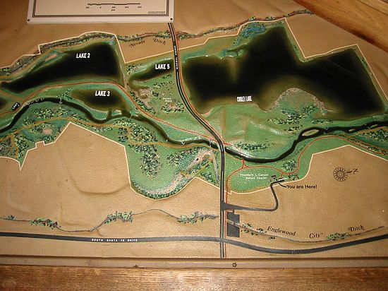Model of Nature Center area including lakes and trails.  We hiked from Nature Center to Cooley Lake to bird watch.