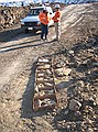Mark Panuska talks with another worker at the site.  These 9 boxes represent three-fourths of our finds in our 3 1/2 hours on site.